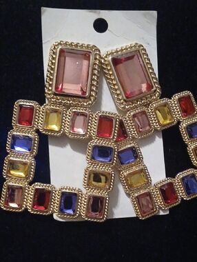 Gold-Tone Multi-Color Gemstone Drop Earrings - Pink, Red, Blue & Yellow